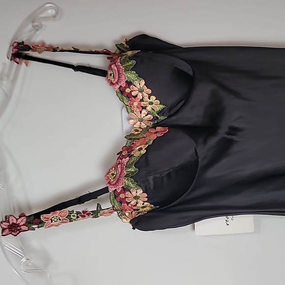 Dress ~ Black Satin Maxi Dress with Floral Detail Cup/Bust Sweetheart neck-line - Picture 8 of 15